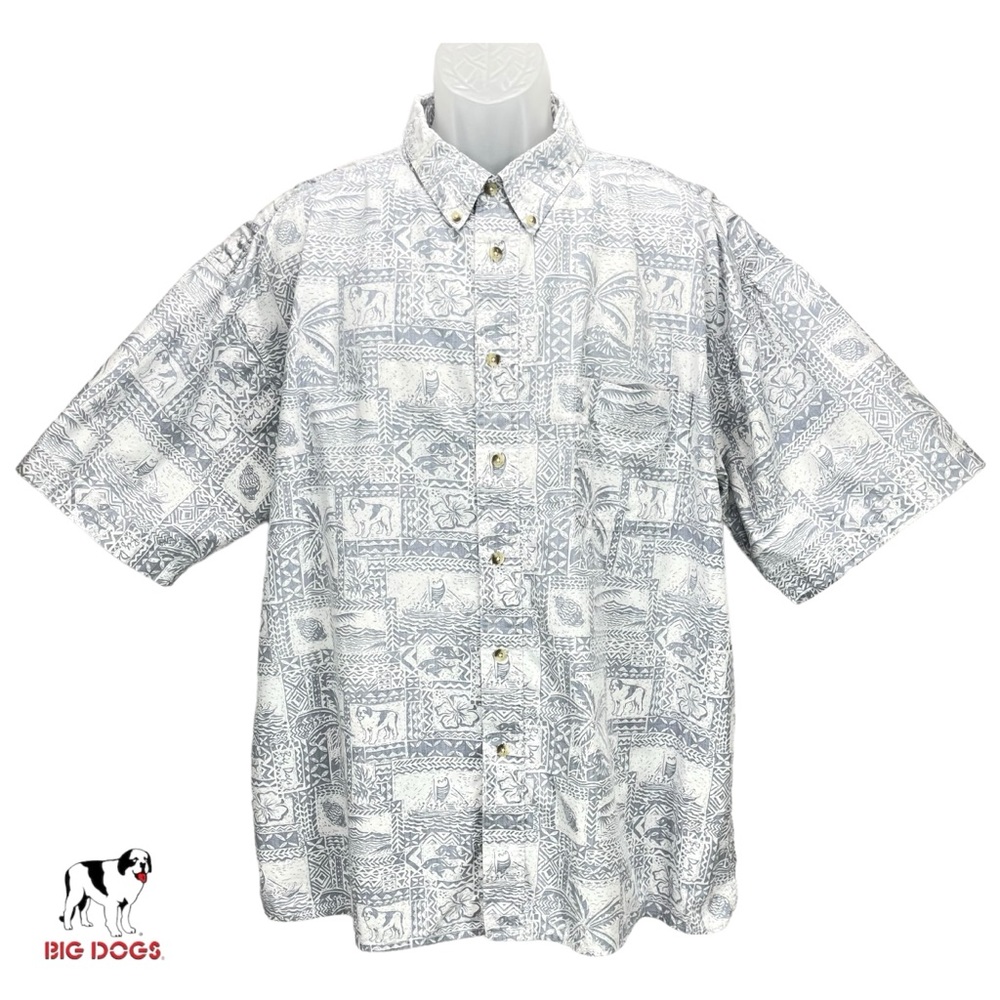 Big Dogs Men’s 2XL Blue White Hawaiian Aloha Shirt 100% Cotton Tropical